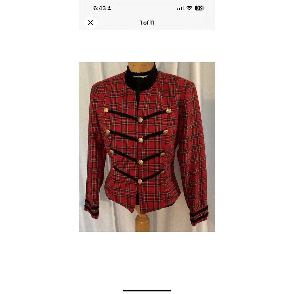 Misty Lane Red Plaid Cropped Jacket Vintage Size 10 Irish Gold Buttons USA